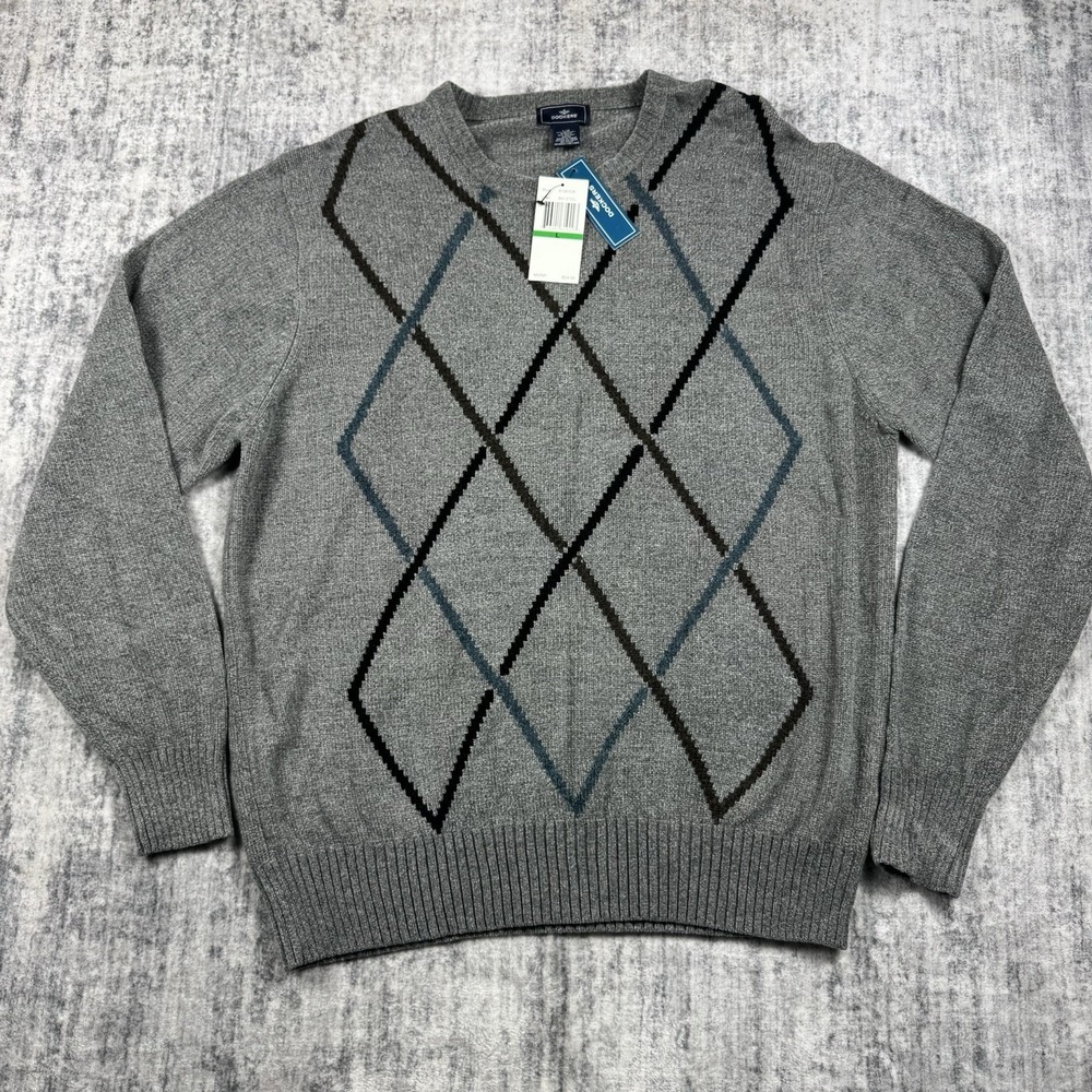 NWT Dockers Men Extra Soft Argyle Pattern Long Sleeve Polo Sweater Shirt L Gray